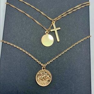 Multilayer Round Sequin gold Cross Pendant Necklaces